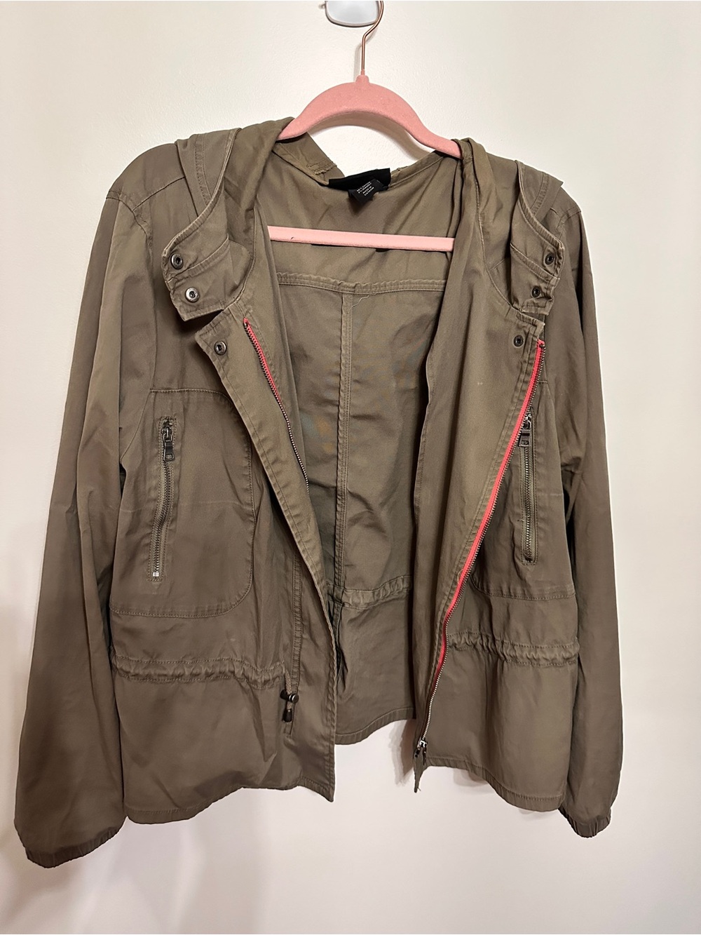 Lane Bryant Olive Utility Jacket with Pink Zip Accents